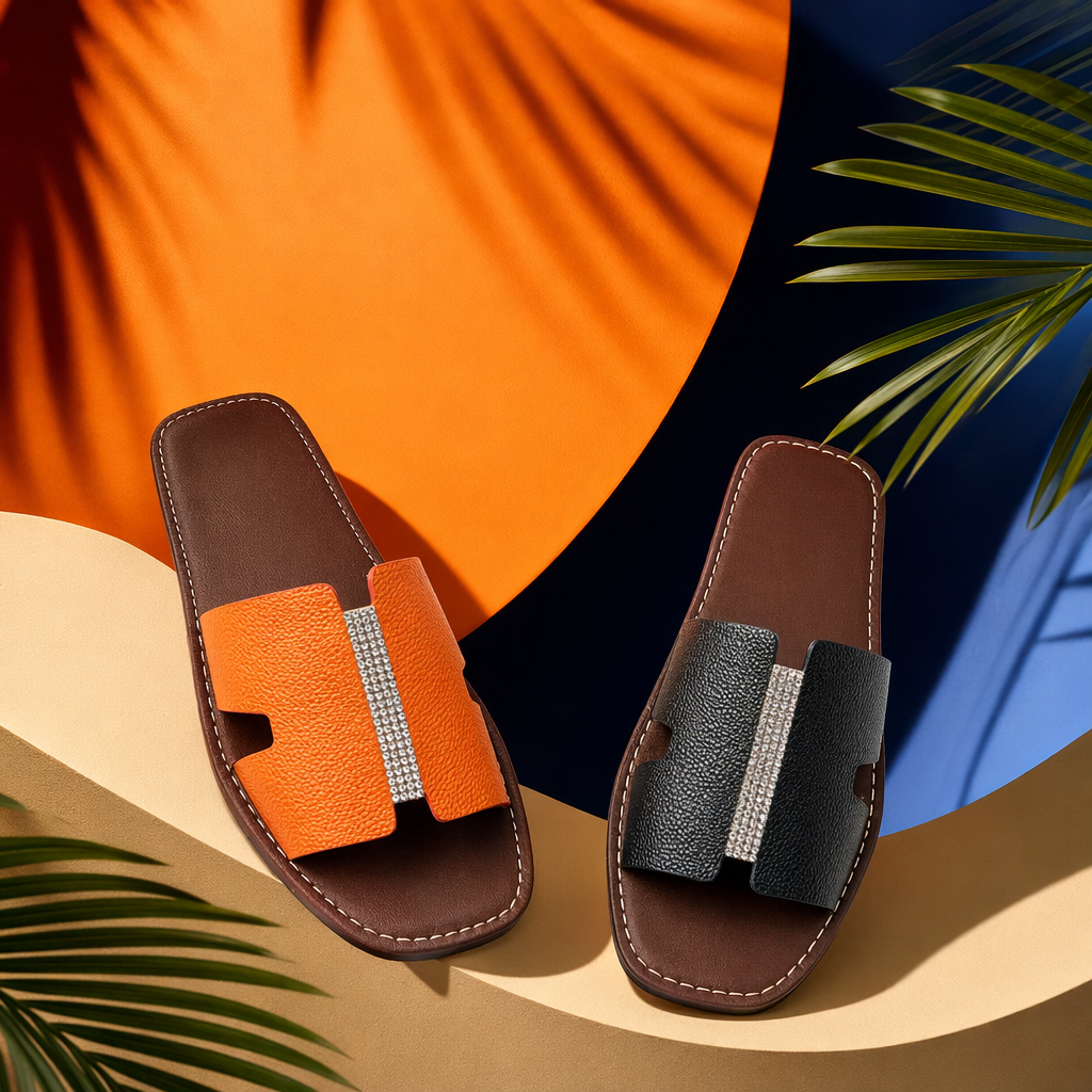 Orange and black diamond-encrusted flip-flops for women, summer anti-slip, comfortable and casual beach shoes Specification image
