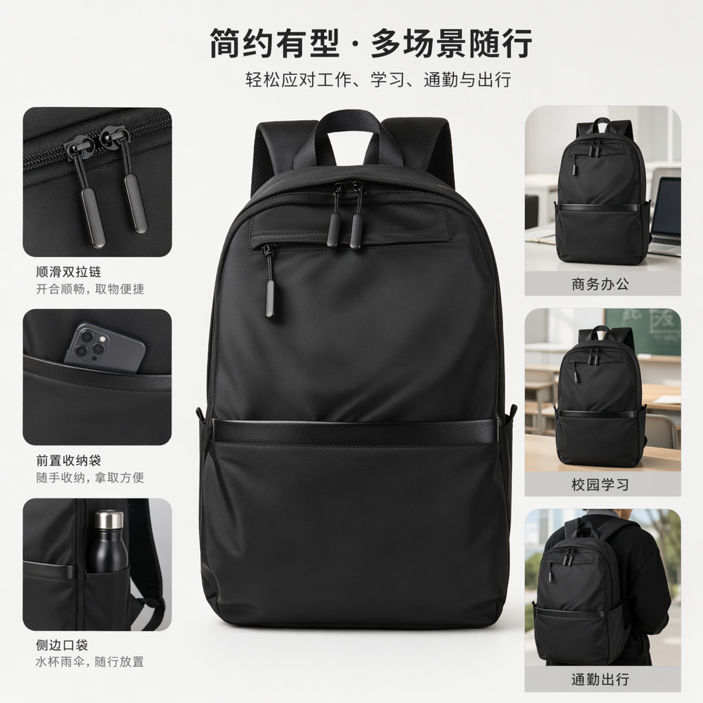 黑色双肩包轻便大容量学生通勤旅行背包男女同款