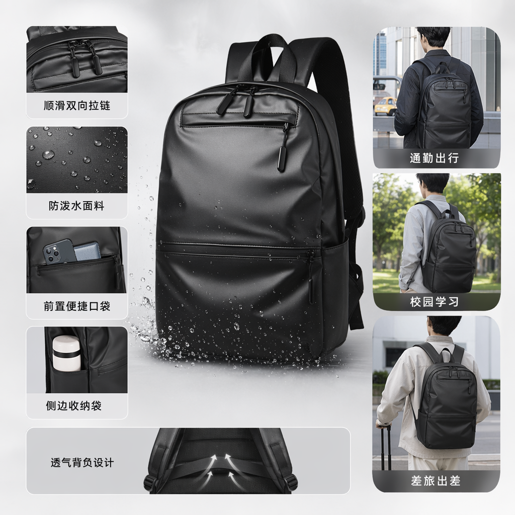 黑色尼龙防泼水双肩背包 通勤旅行轻量大容量