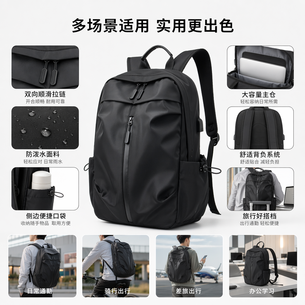 黑色简约商务休闲背包男女通用轻便大容量图