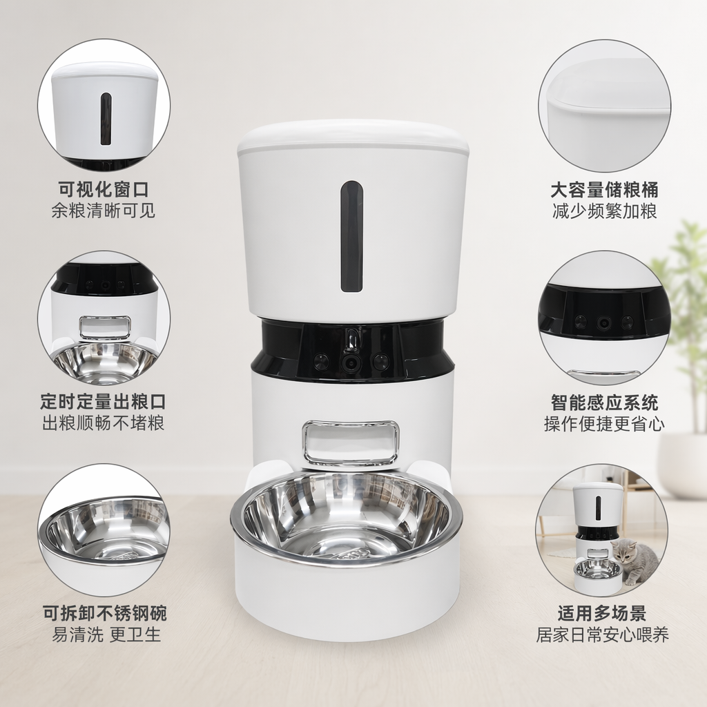 白色自动喂食器配黑色底座带不锈钢悬挂食盆