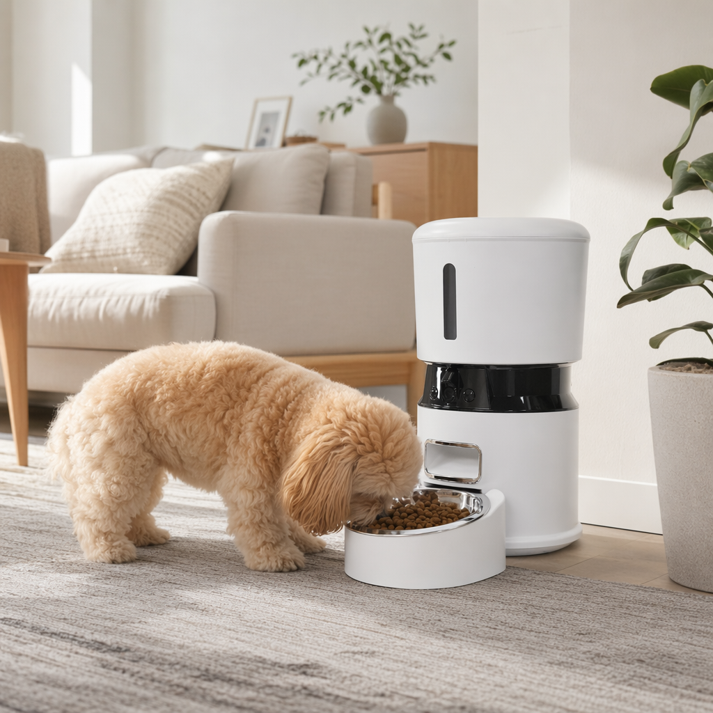 A white automatic feeder with a black base and a stainless steel hanging food bowl details Picture