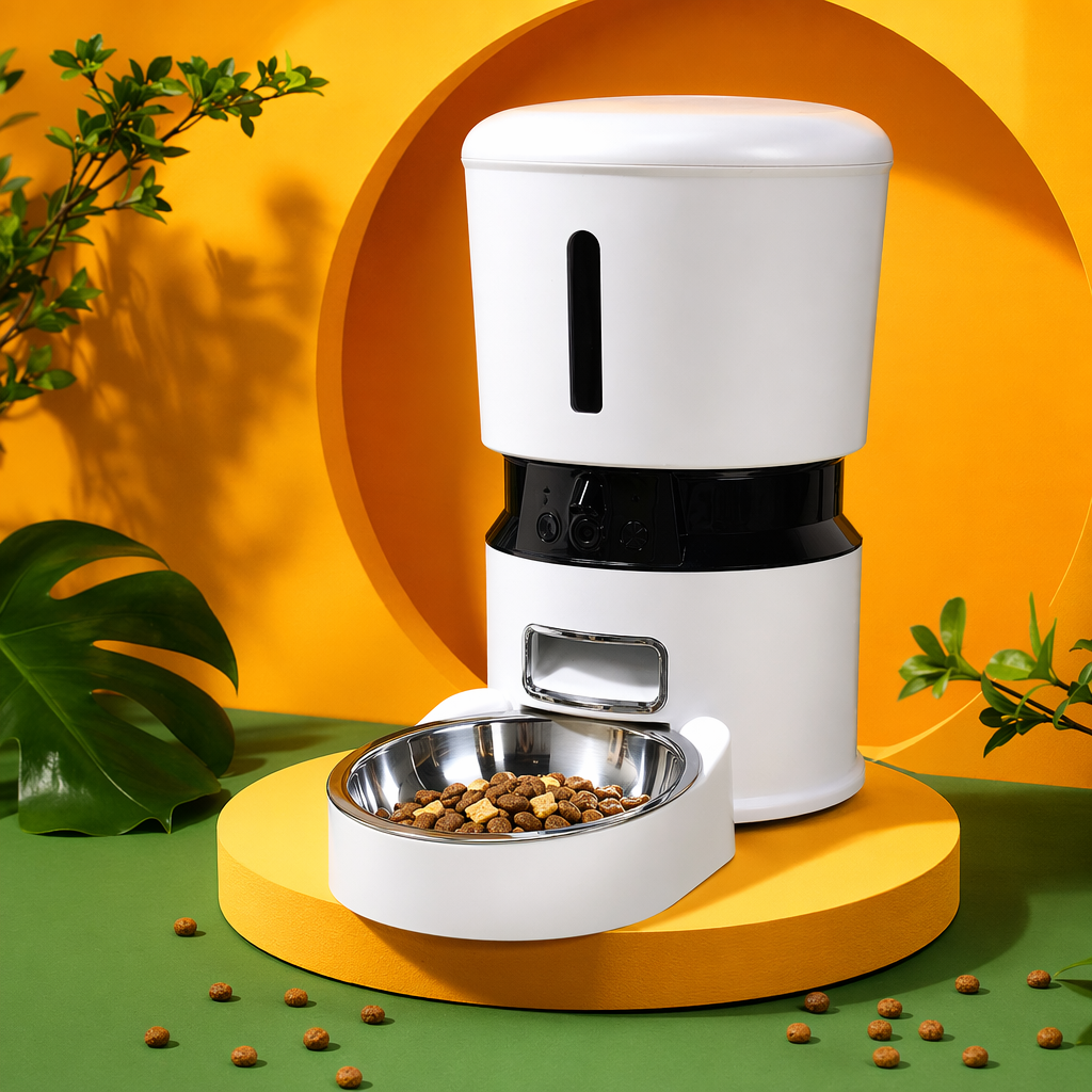 A white automatic feeder with a black base and a stainless steel hanging food bowl Specification image