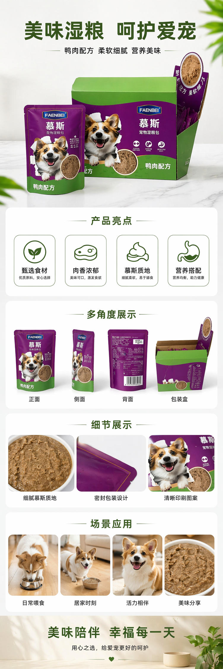 FAENBEI鸭肉甜薯慕斯宠物湿粮紫色绿色包装盒袋装含柯基犬图案 pic 1