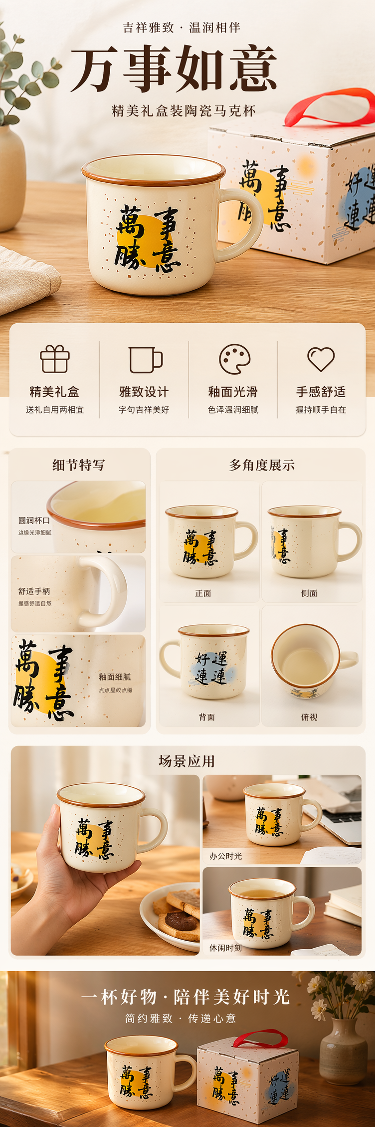 手持米白釉陶杯配礼盒 杯身礼盒均印万事胜意好运连连 pic 1
