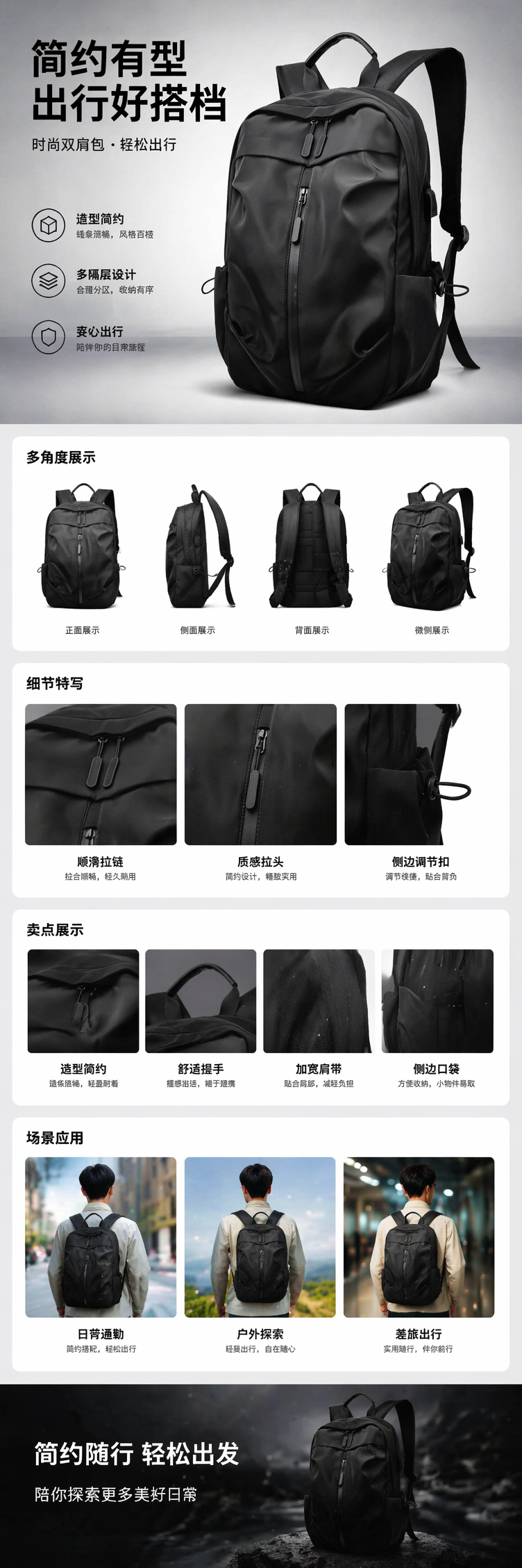 黑色简约商务休闲背包男女通用轻便大容量详情1
