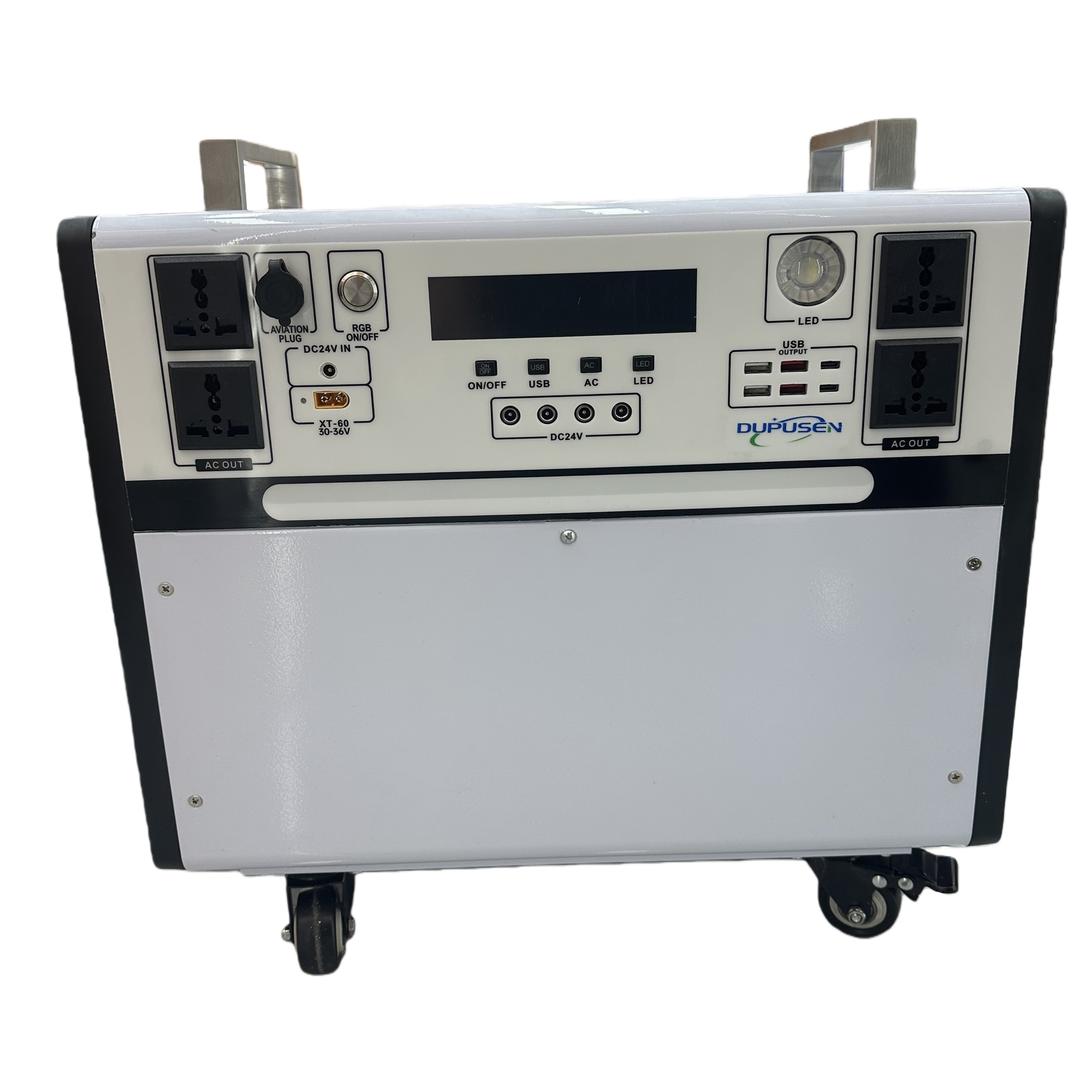 White portable power inverter with wheels and multiple interfaces for car and home use Item Picture
