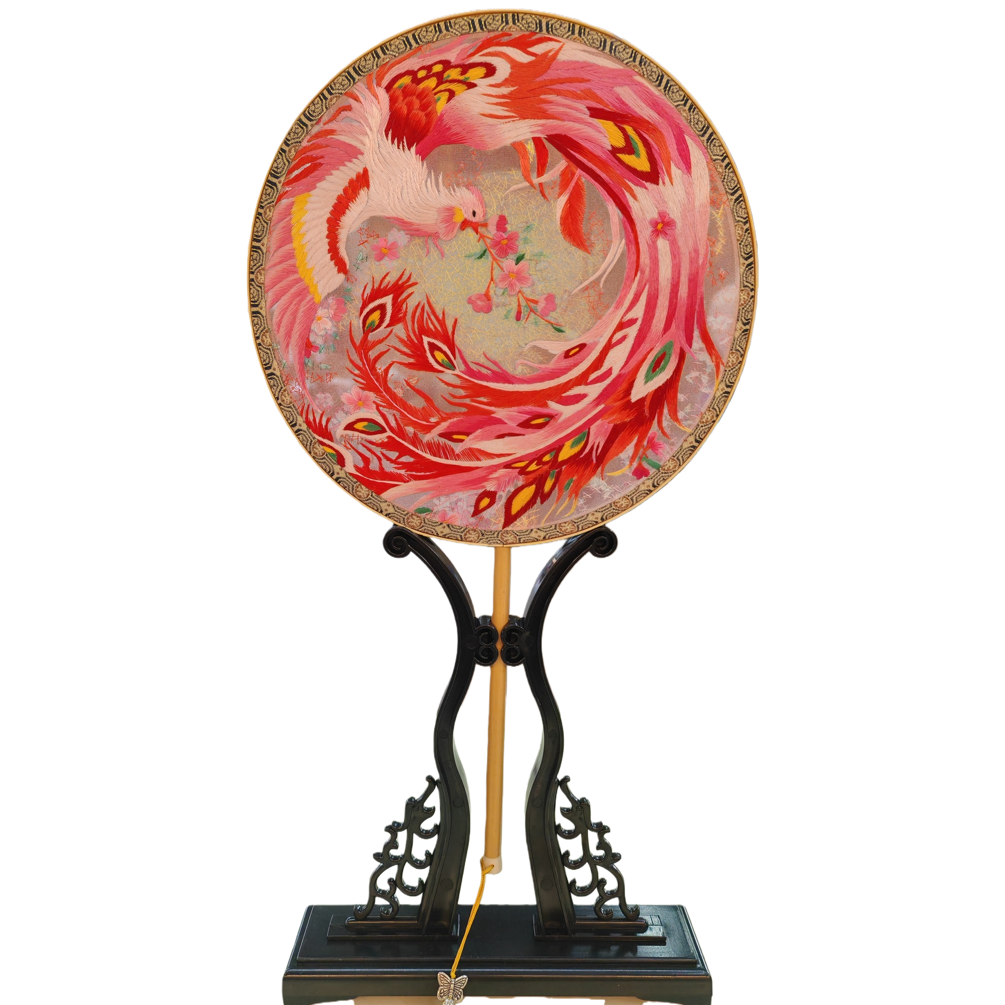 Colorful phoenix Suzhou embroidery double-sided embroidery, intangible cultural heritage technique inheritance, round fan, handcrafted jade bamboo, retro Chinese decorative fan Item Picture