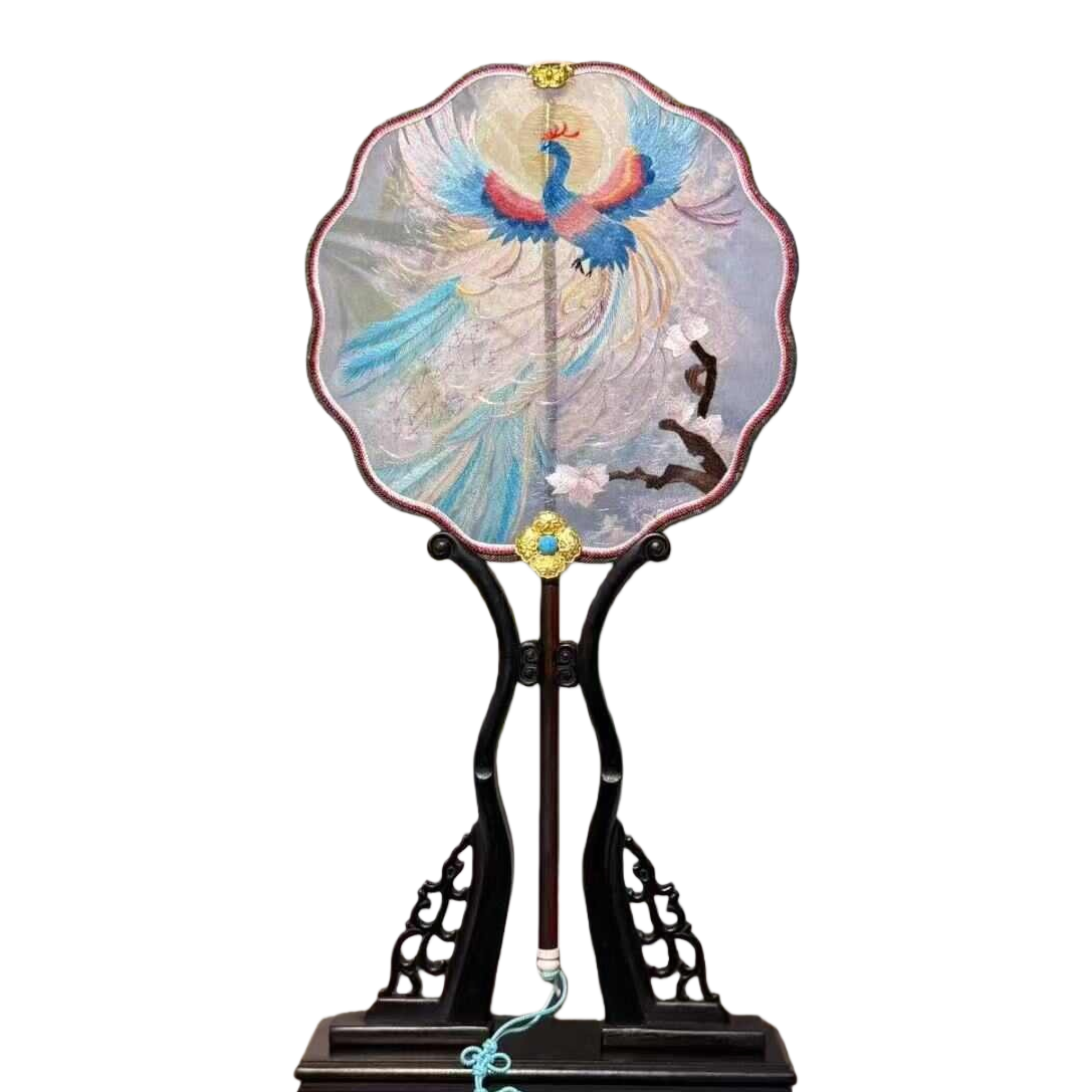 Colorful embroidered peacock round fan, handcrafted traditional Chinese fan, summer cooling decoration Item Picture