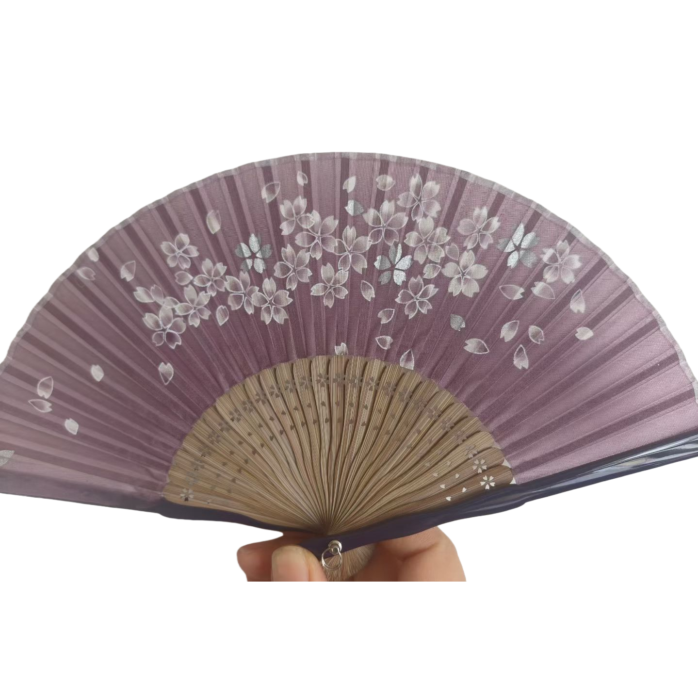 Purple cherry blossom-patterned folding fan, handcrafted bamboo frame folding fan, solid-color background pattern, Japanese-style portable fan Item Picture