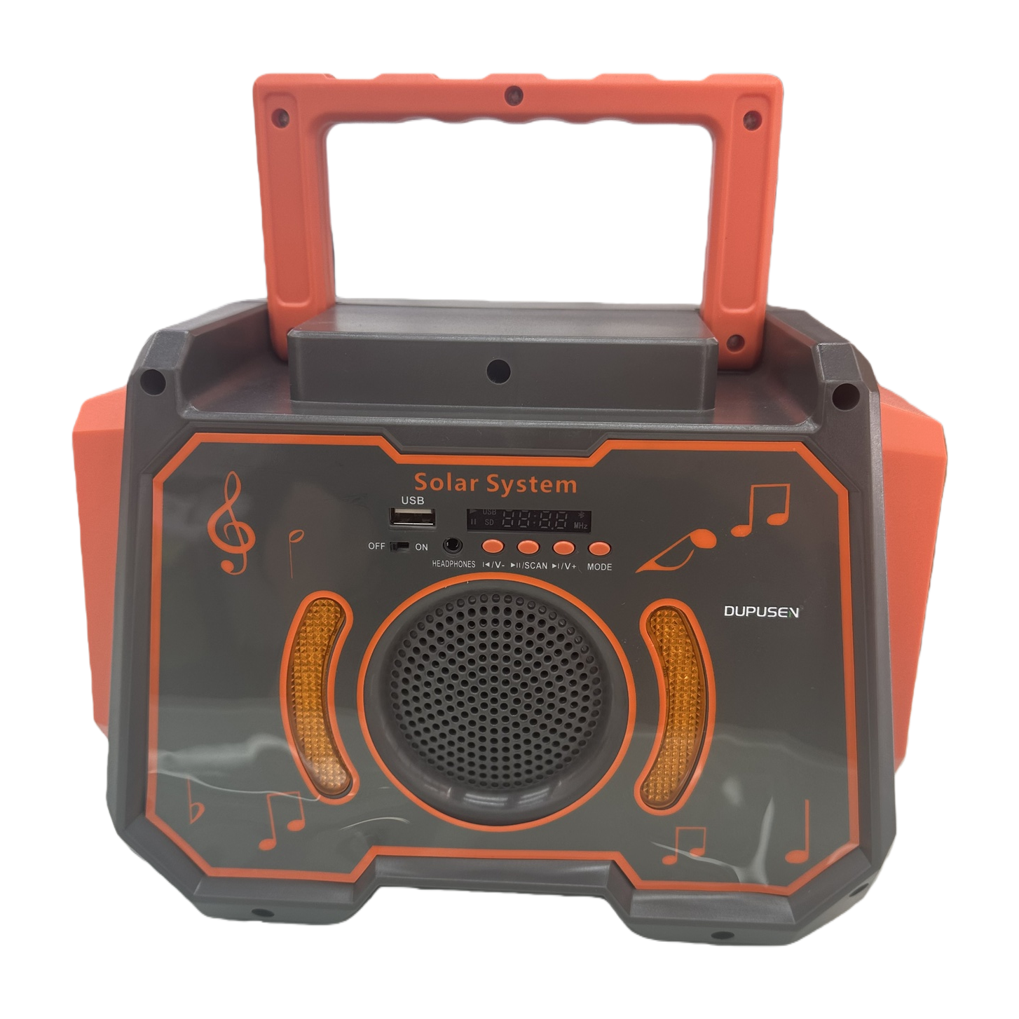 Portable solar-powered audio system with orange and gray stripes, outdoor Bluetooth speaker and charging integrated Item Picture