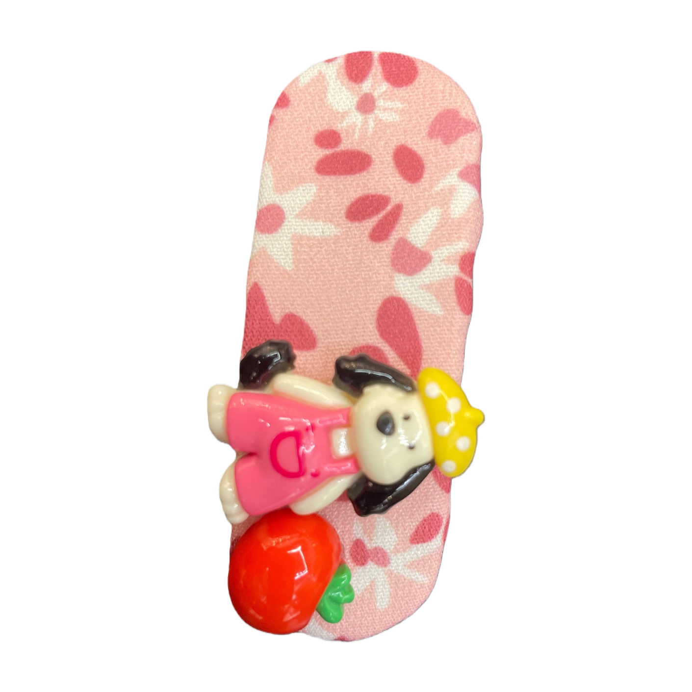 A pink flower-patterned hairpin, a cartoon dog wearing a yellow polka dot hat, pink overalls and red strawberry decorations Item Picture