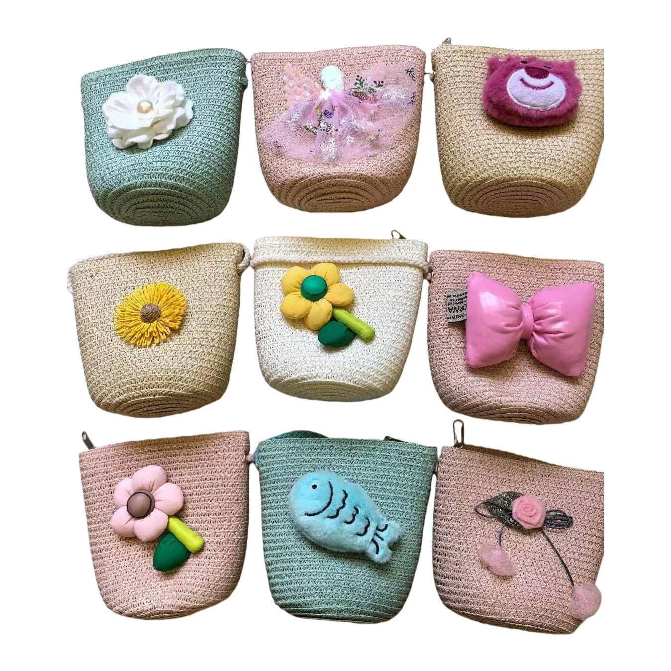 Colorful woven small bags with bows, flower fish dolls and cartoon decorations Item Picture
