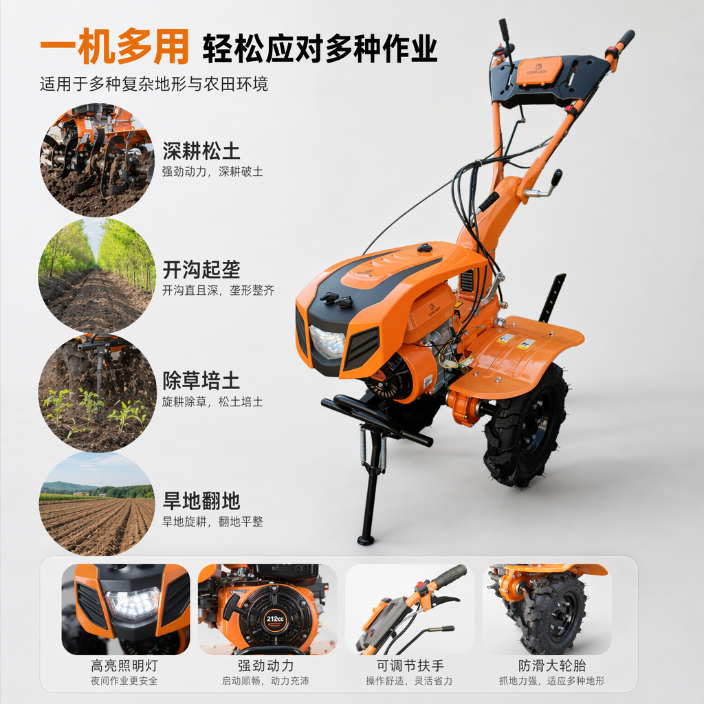 橙色耕作机小型手扶式田园松土翻地农机具