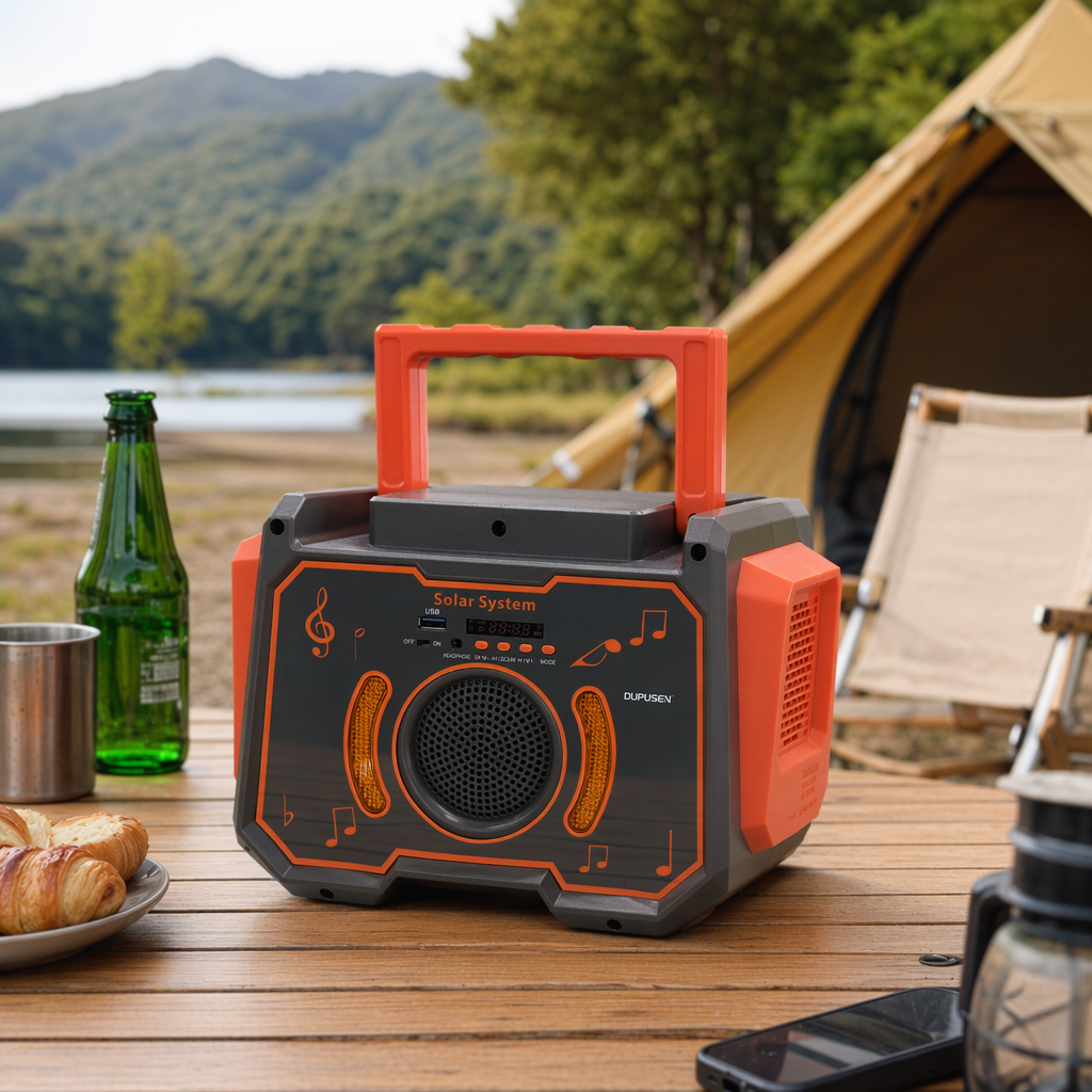 Portable solar-powered audio system with orange and gray stripes, outdoor Bluetooth speaker and charging integrated details Picture