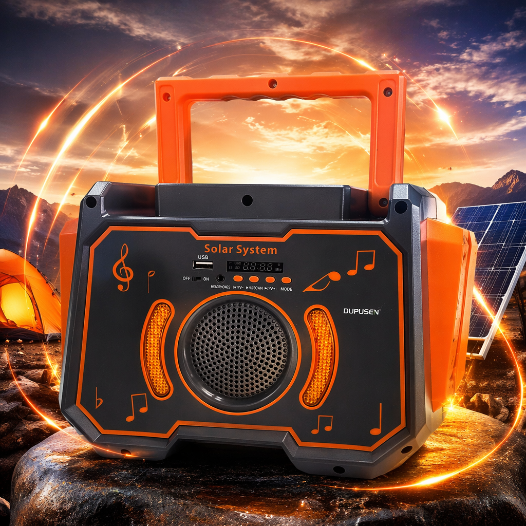 Portable solar-powered audio system with orange and gray stripes, outdoor Bluetooth speaker and charging integrated Specification image