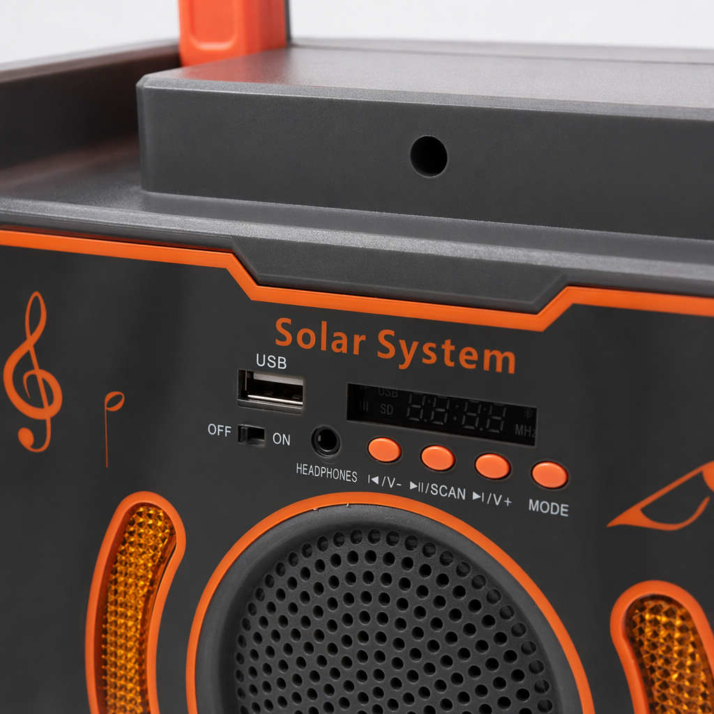 Portable solar-powered audio system with orange and gray stripes, outdoor Bluetooth speaker and charging integrated Application Scenario