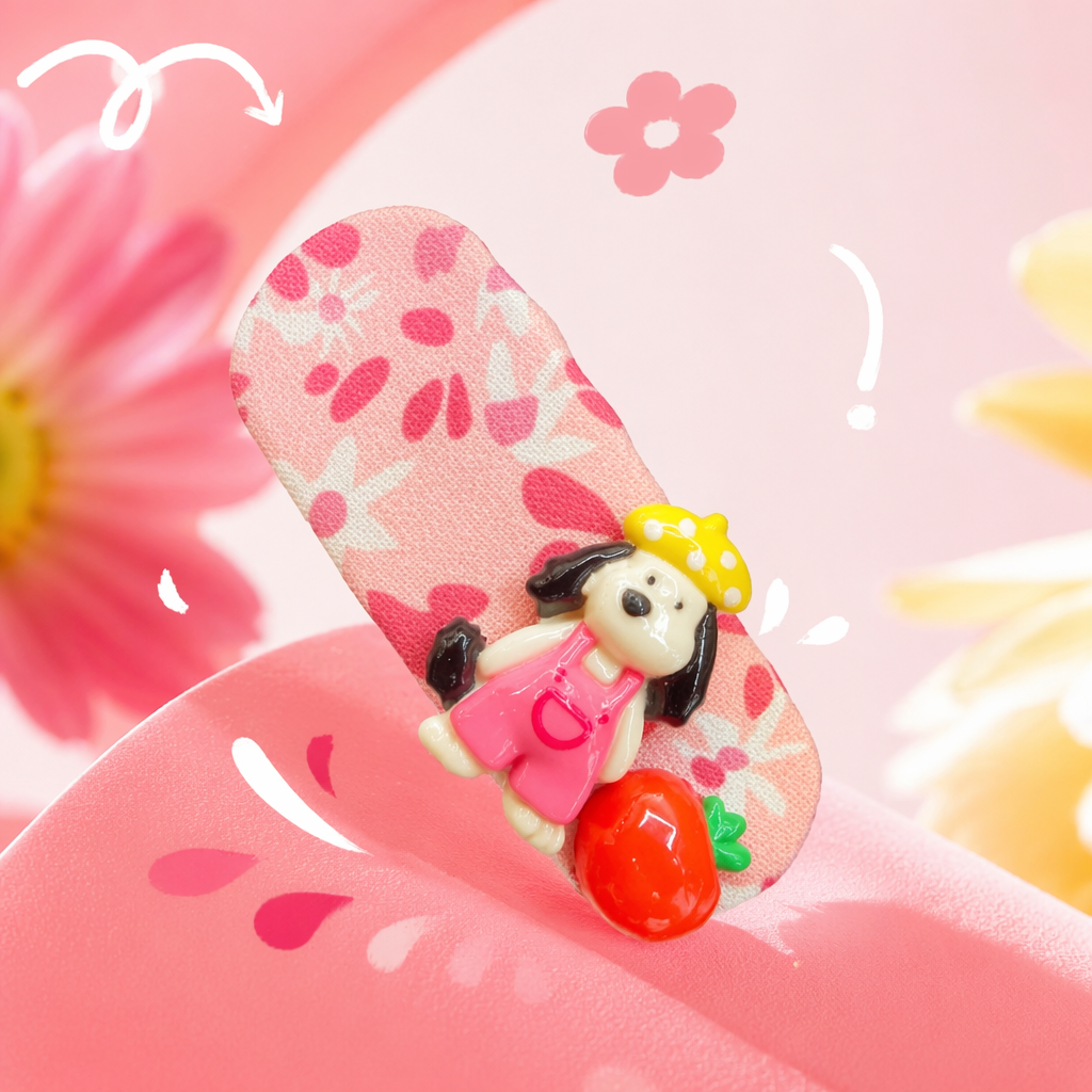 A pink flower-patterned hairpin, a cartoon dog wearing a yellow polka dot hat, pink overalls and red strawberry decorations Specification image