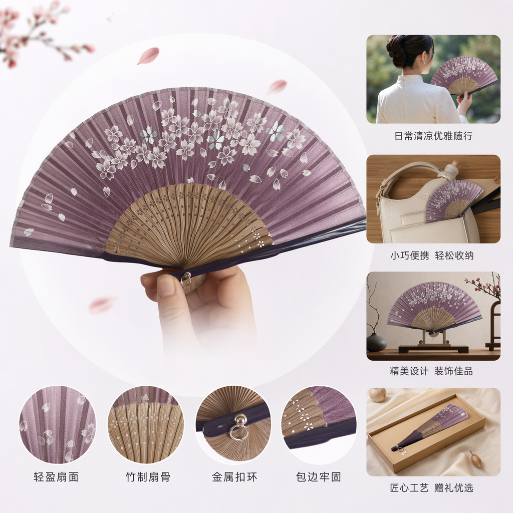 Purple cherry blossom-patterned folding fan, handcrafted bamboo frame folding fan, solid-color background pattern, Japanese-style portable fan
