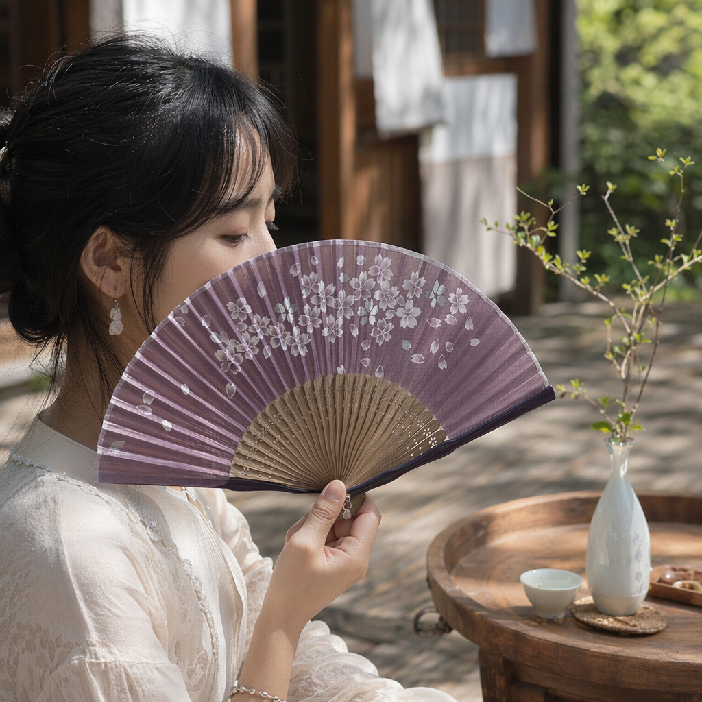 Purple cherry blossom-patterned folding fan, handcrafted bamboo frame folding fan, solid-color background pattern, Japanese-style portable fan details Picture