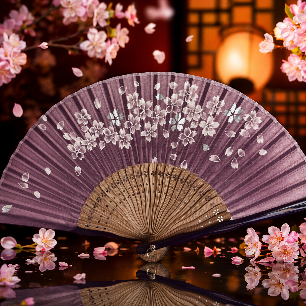 Purple cherry blossom-patterned folding fan, handcrafted bamboo frame folding fan, solid-color background pattern, Japanese-style portable fan Specification image
