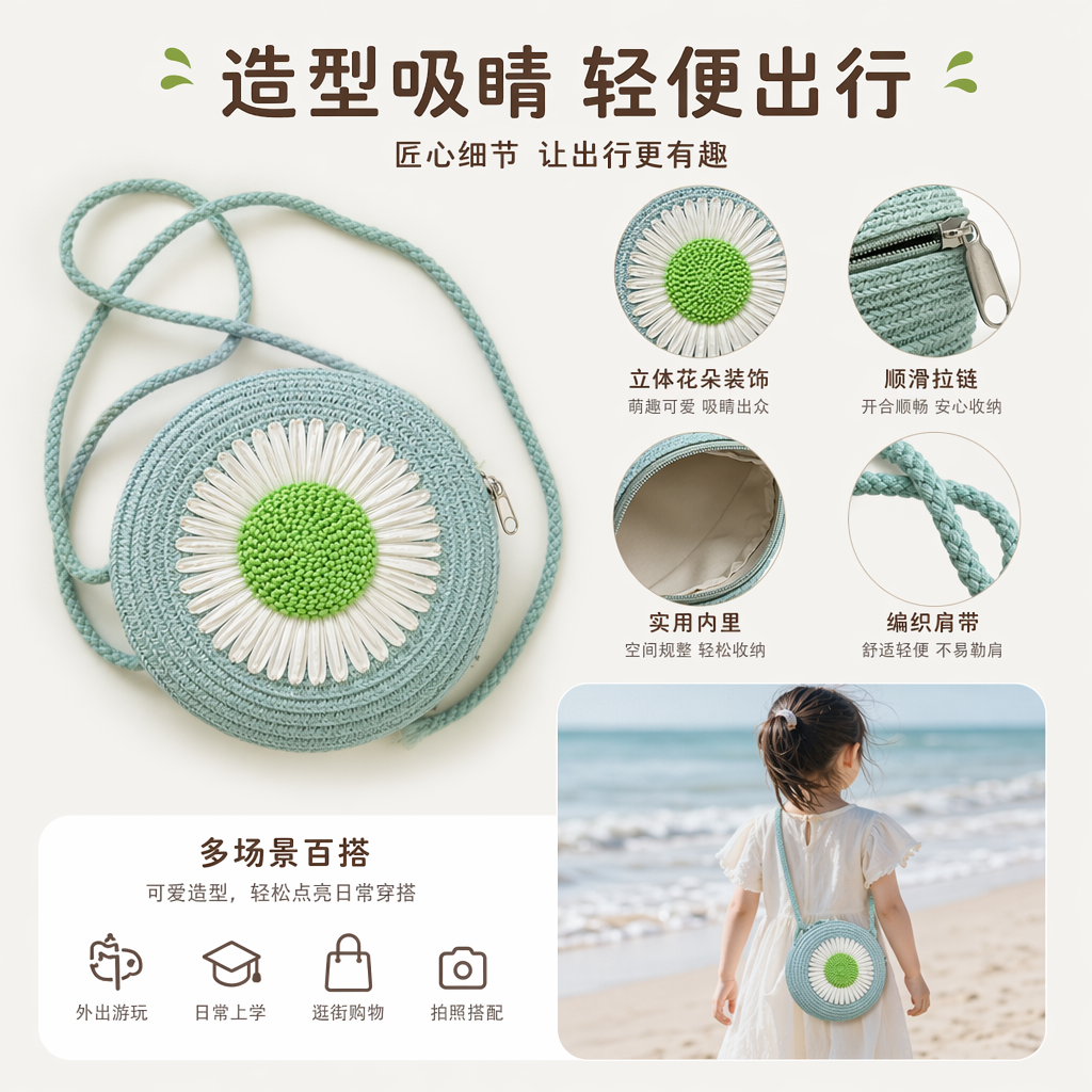 彩色编织圆形小包 花朵卡通玩偶装饰时尚手拿包