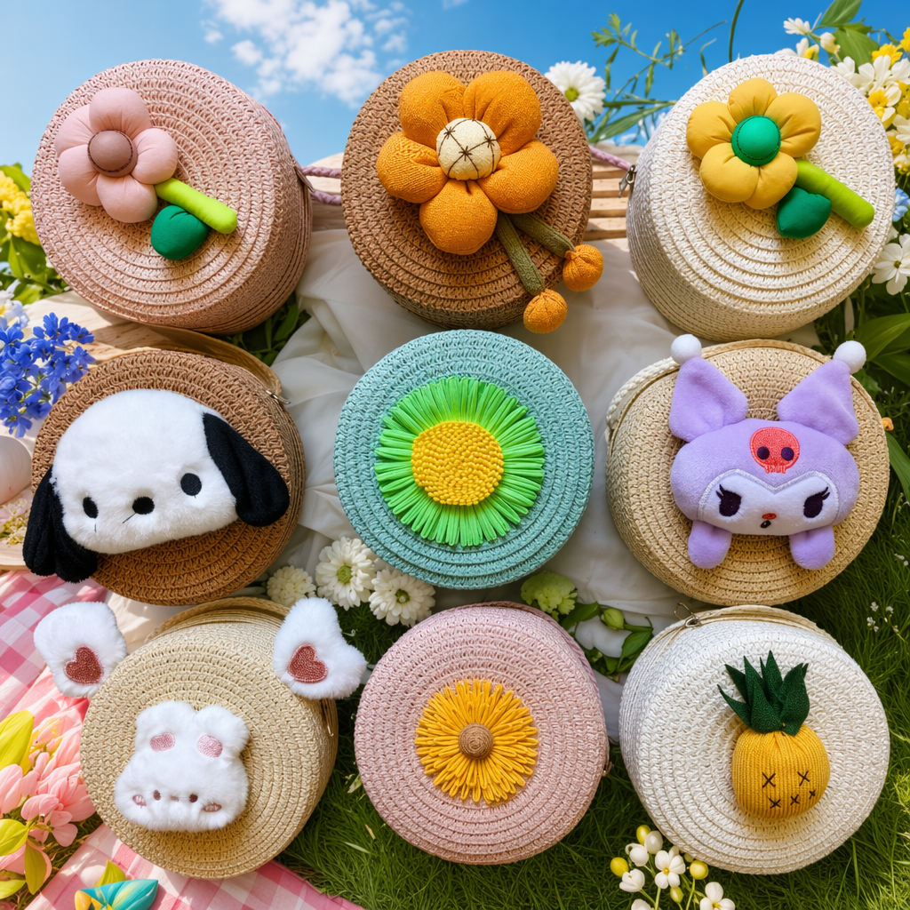 A fashionable clutch bag decorated with colorful woven round small bags featuring flower cartoon dolls Specification image