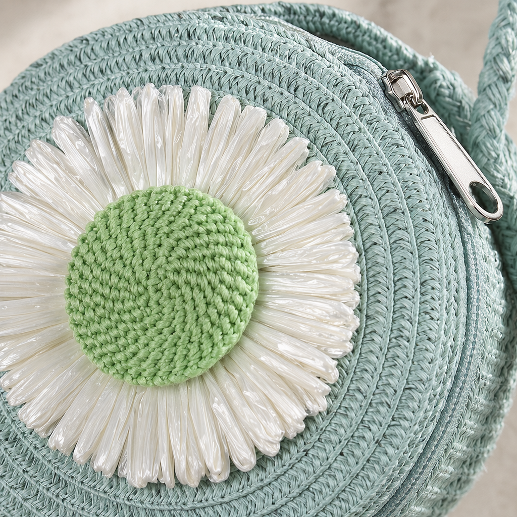 A fashionable clutch bag decorated with colorful woven round small bags featuring flower cartoon dolls Application Scenario
