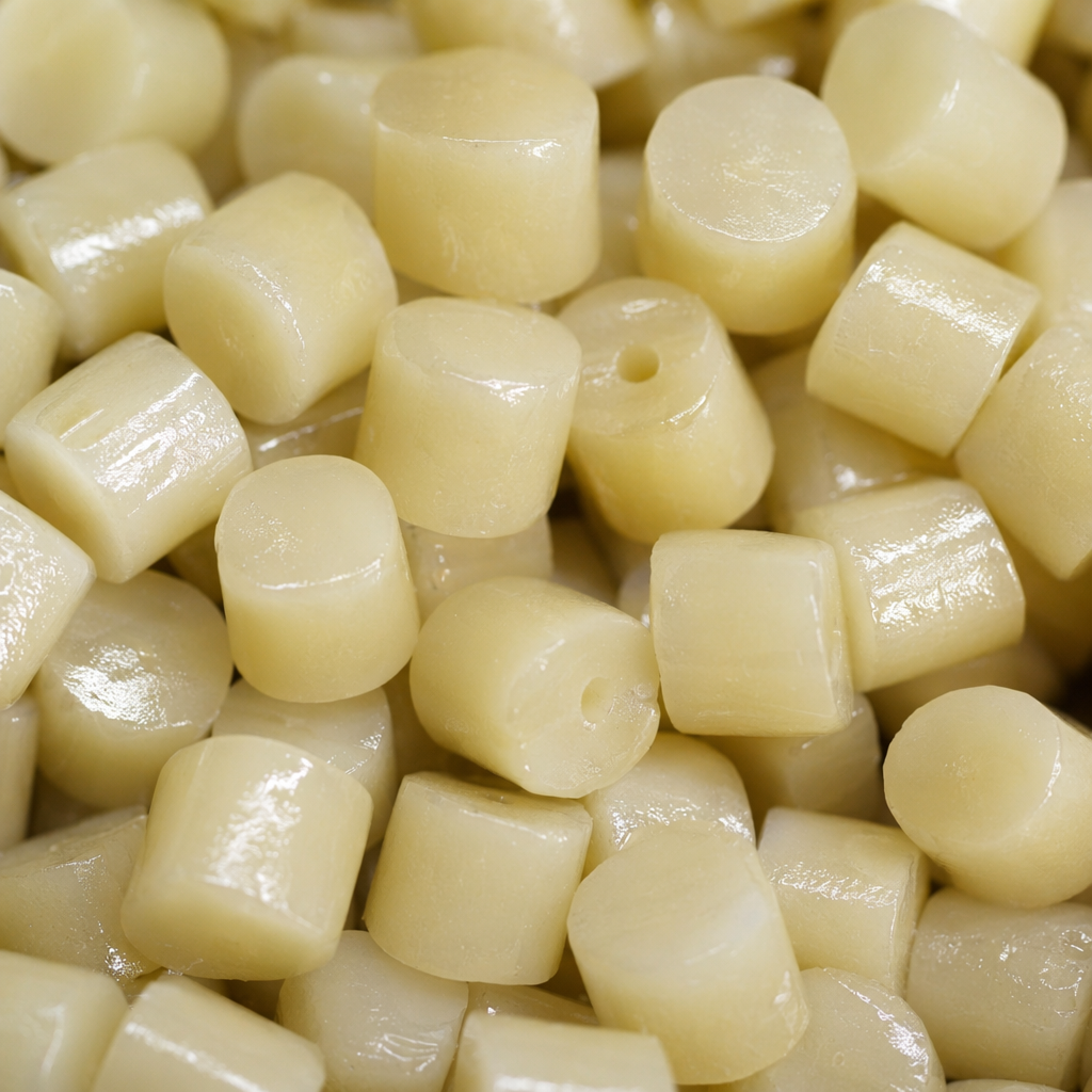 Light yellow granular plastic particles are made of general engineering plastic raw materials such as PP and PE Application Scenario