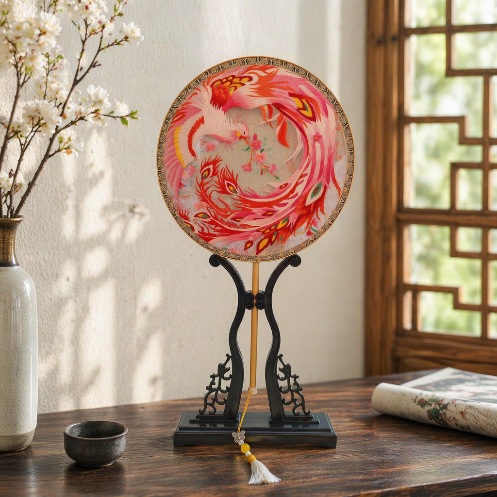Colorful phoenix Suzhou embroidery double-sided embroidery, intangible cultural heritage technique inheritance, round fan, handcrafted jade bamboo, retro Chinese decorative fan details Picture