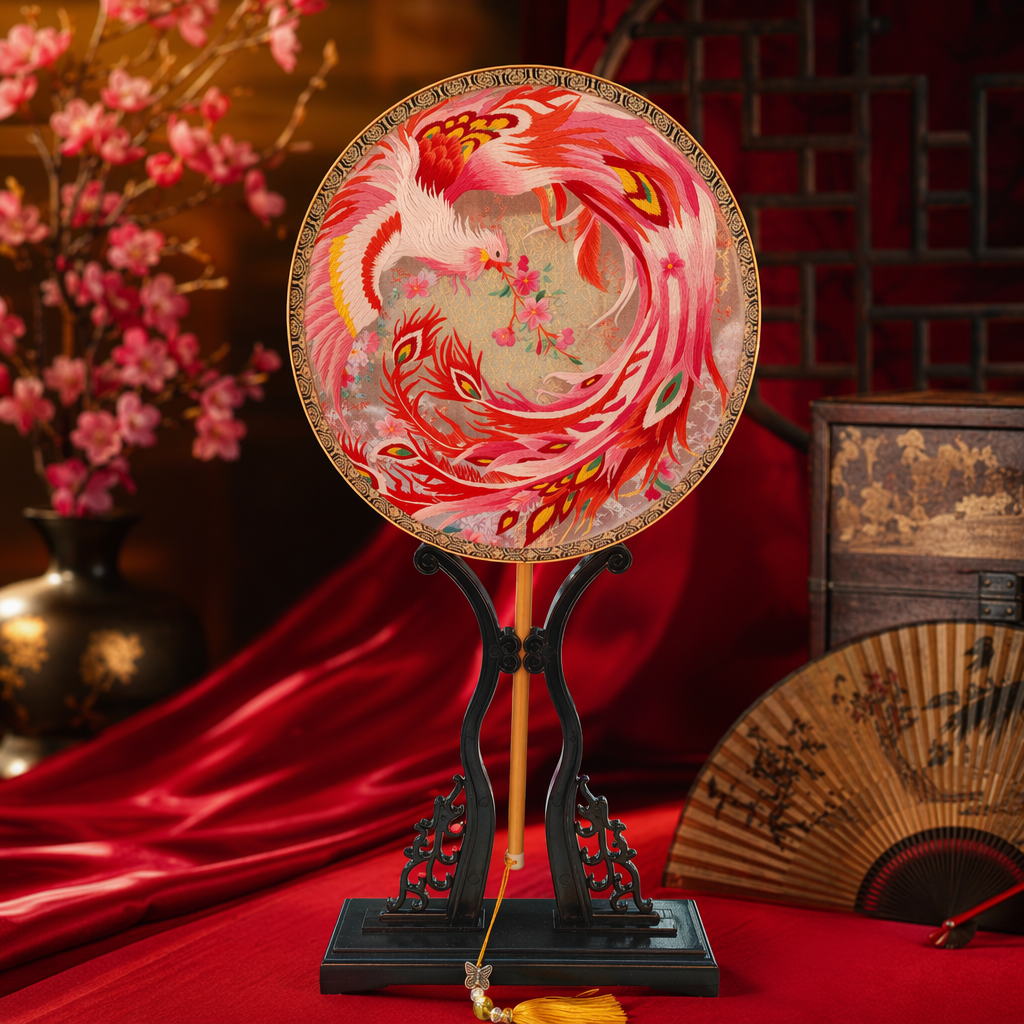 Colorful phoenix Suzhou embroidery double-sided embroidery, intangible cultural heritage technique inheritance, round fan, handcrafted jade bamboo, retro Chinese decorative fan Specification image