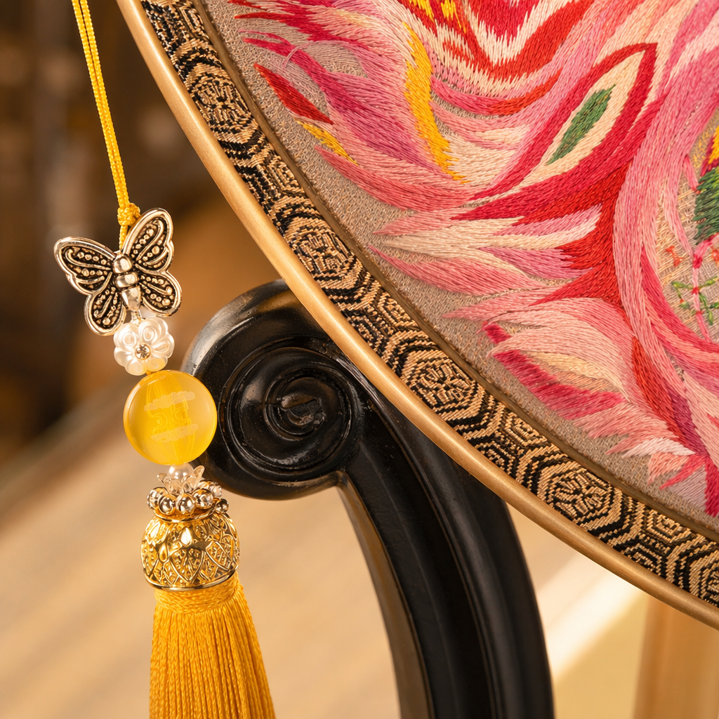 Colorful phoenix Suzhou embroidery double-sided embroidery, intangible cultural heritage technique inheritance, round fan, handcrafted jade bamboo, retro Chinese decorative fan Application Scenario