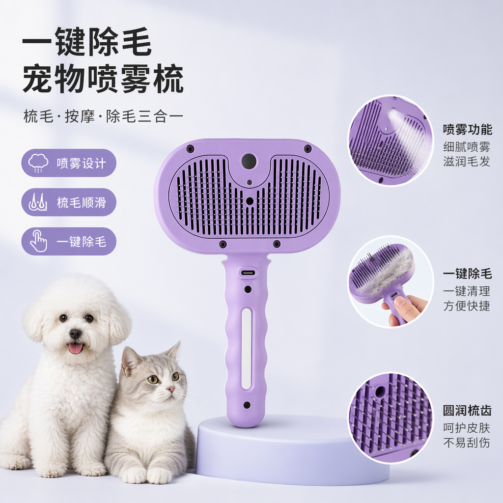 White packaging box, pet spray comb, pet care comb, hair removal and floating hair spray two-in-one
