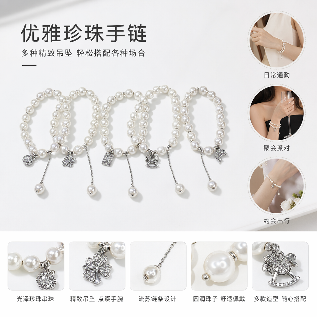 白色珍珠手链 天然淡水珍珠 925银扣 轻奢简约女士饰品