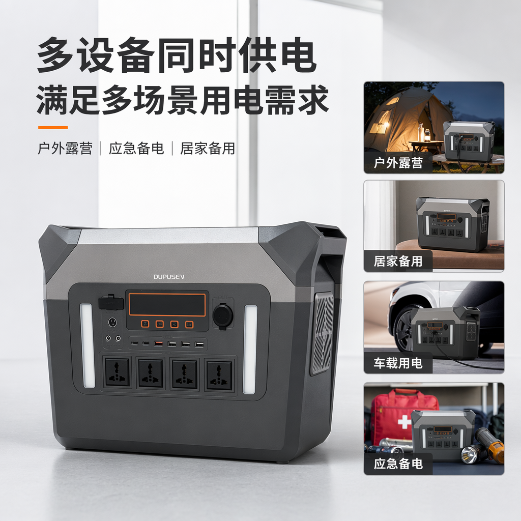 The grey portable power inverter converts 220V AC for both vehicle and outdoor use, providing efficient and quiet mobile power supply