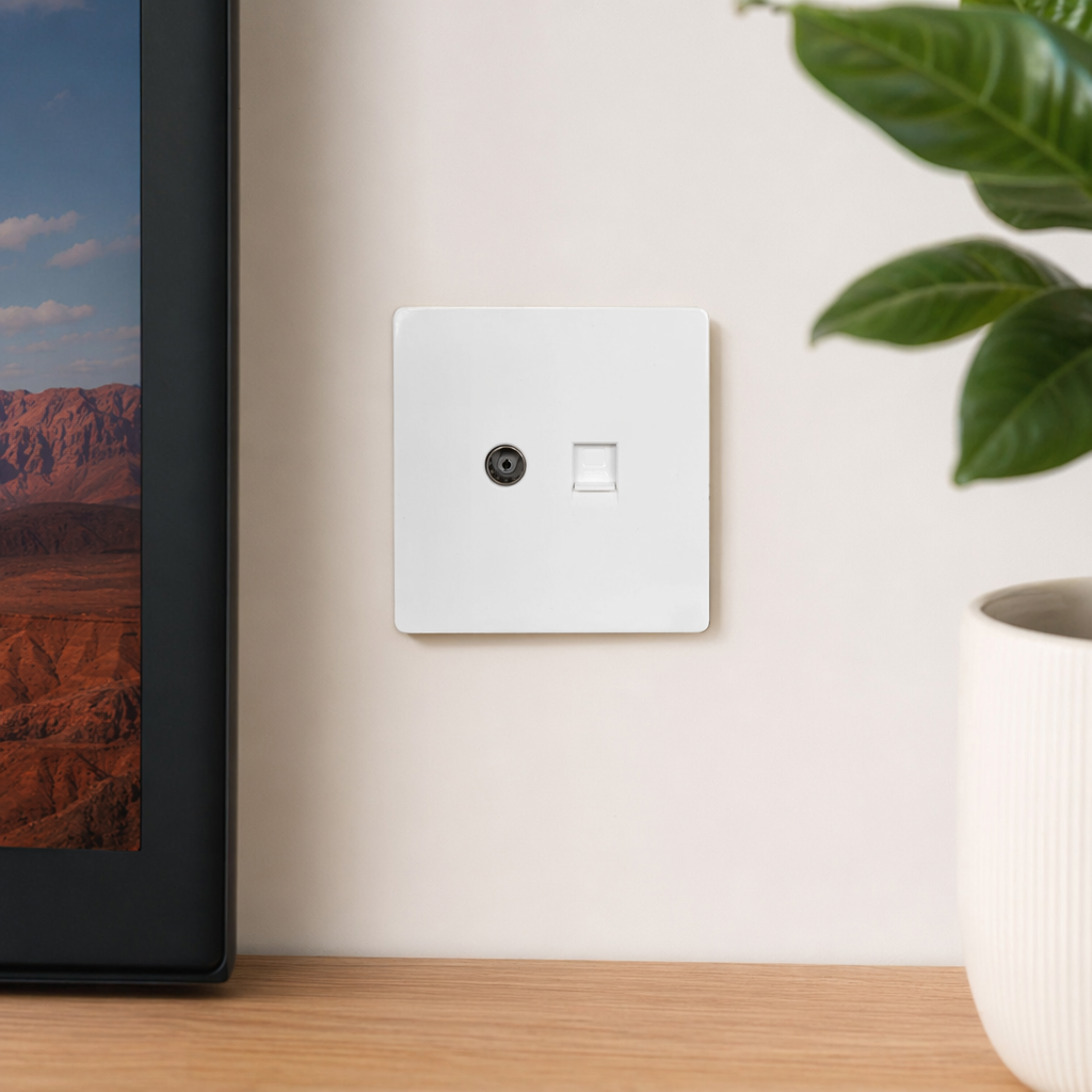 T2 white panel, dual-hole interface, satellite + telephone wall socket, compatible with various devices, stable installation, exclusively for export details Picture