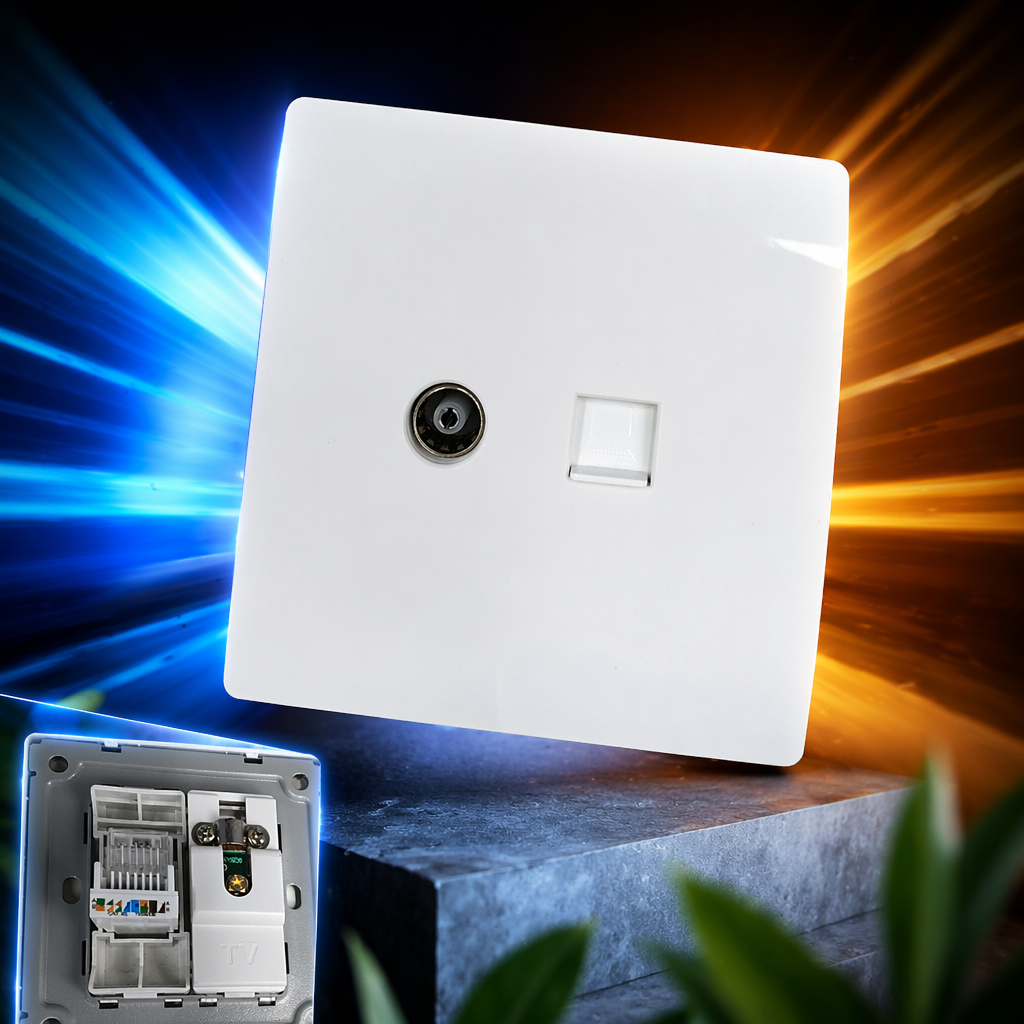 T2 white panel, dual-hole interface, satellite + telephone wall socket, compatible with various devices, stable installation, exclusively for export Specification image