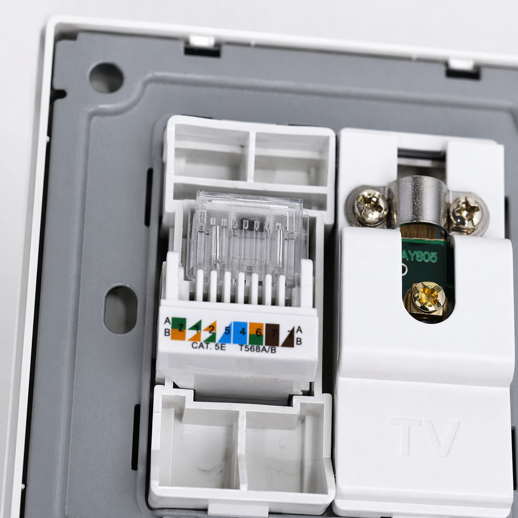 T2 white panel, dual-hole interface, satellite + telephone wall socket, compatible with various devices, stable installation, exclusively for export Application Scenario