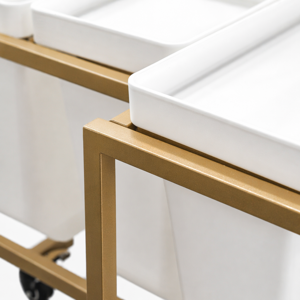 A home storage and organization box with a golden frame and white storage feature a simple Nordic style Application Scenario
