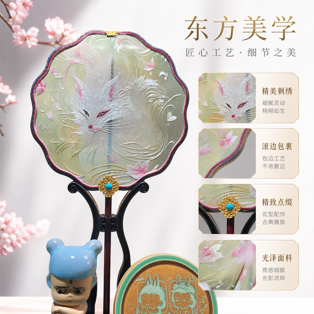翘头宫扇苏绣双面绣刺绣狐狸团扇手工非遗传统中式古典扇子女士手持装饰图