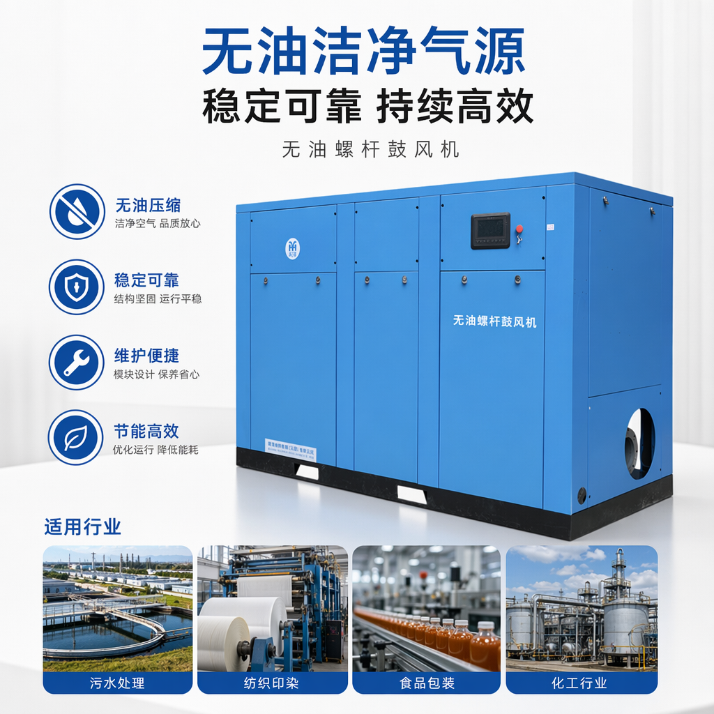 Blue oil-free screw blower with 304 stainless steel body, clean air source for food and medicine grade