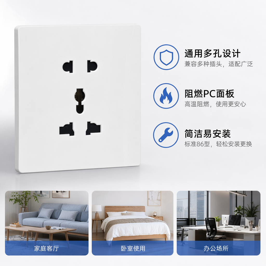T2白色多功能5孔插座面板 家用墙壁开关面板简约现代纯白 出口非洲
