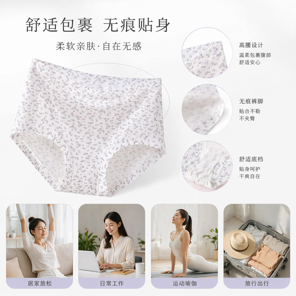 白色碎花高腰内裤女纯棉A字版型无痕舒适