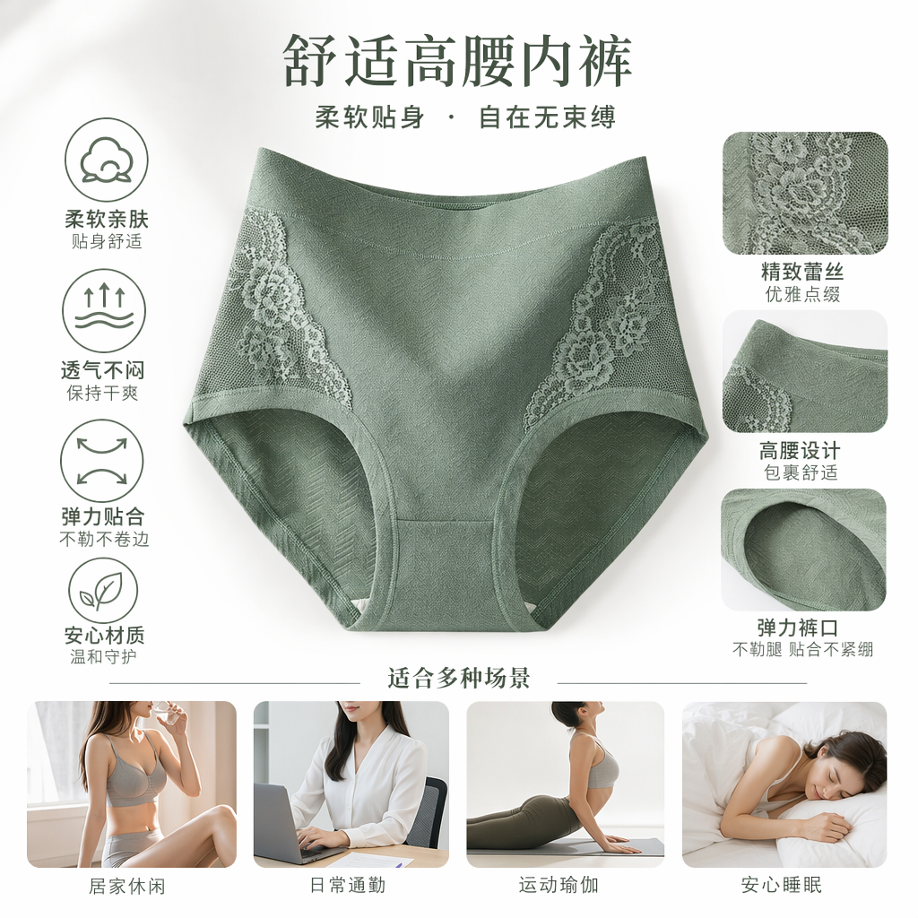 绿色蕾丝高腰内裤 女士法式精致剪裁显腿长