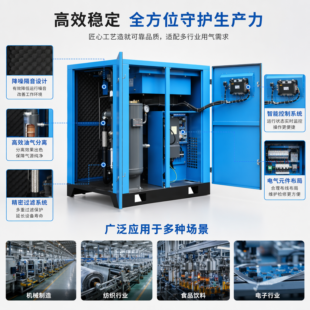 The blue industrial air compressor is silent, energy-saving, stable, durable, and has a large flow rate of single-phase 220V