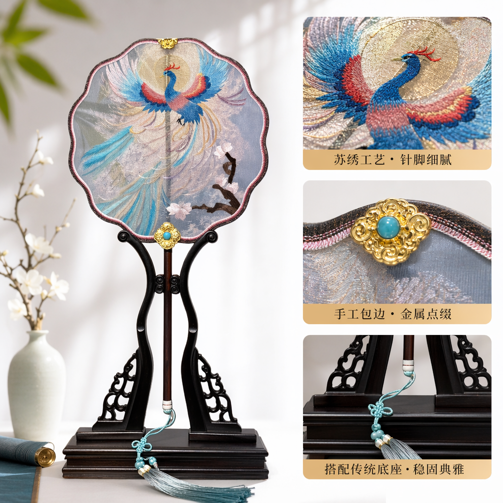 Colorful embroidered peacock round fan, handcrafted traditional Chinese fan, summer cooling decoration