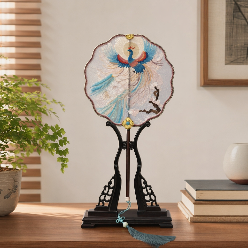 Colorful embroidered peacock round fan, handcrafted traditional Chinese fan, summer cooling decoration details Picture