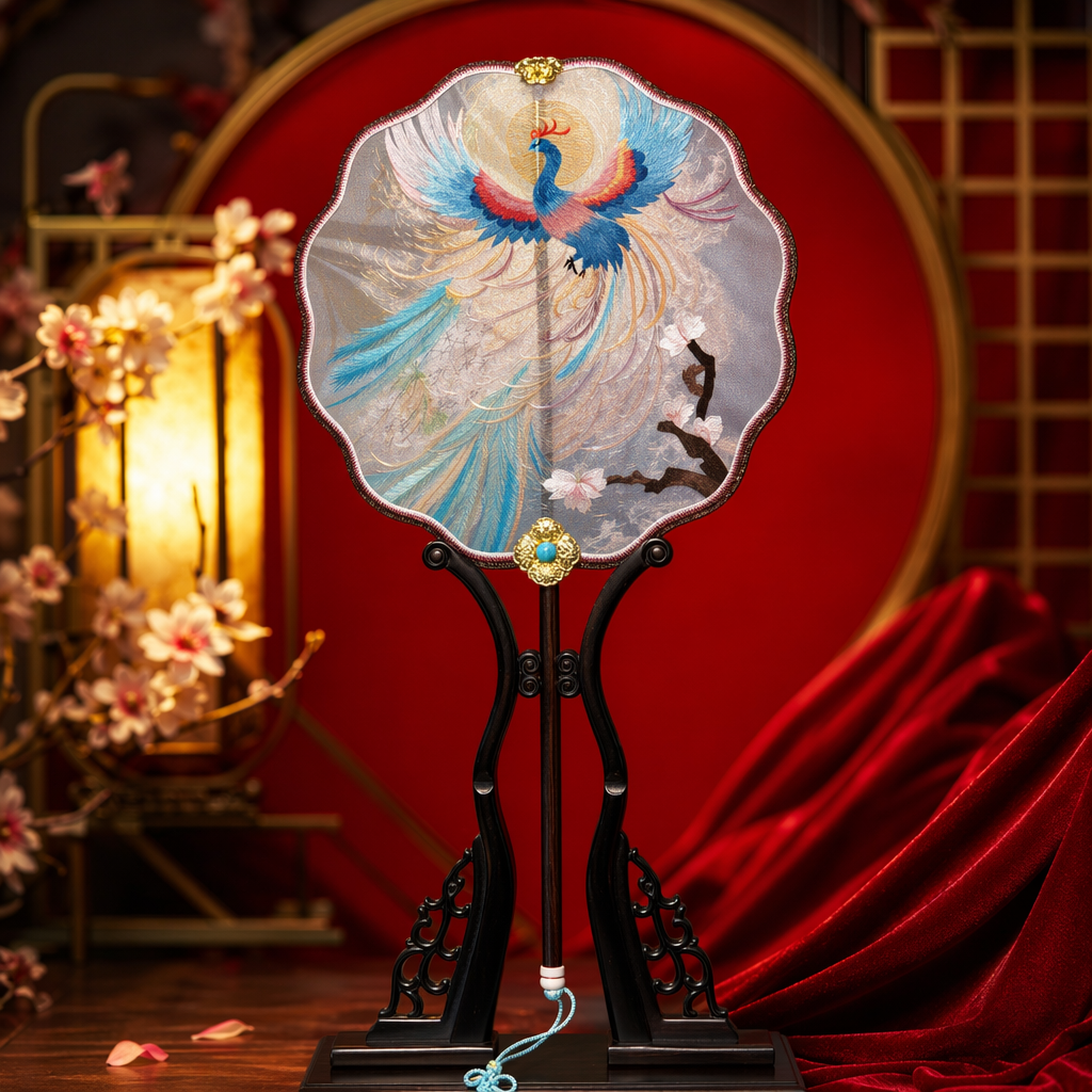 Colorful embroidered peacock round fan, handcrafted traditional Chinese fan, summer cooling decoration Specification image