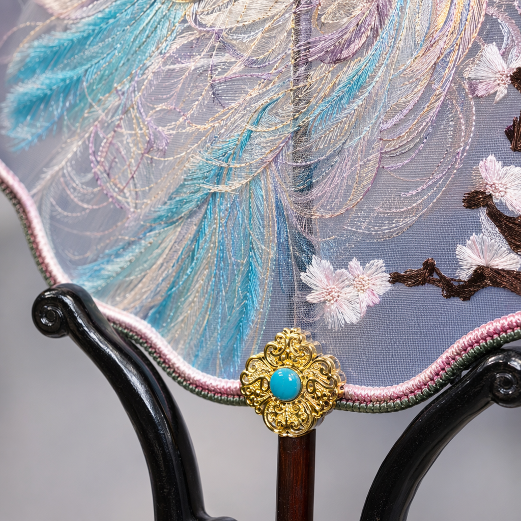 Colorful embroidered peacock round fan, handcrafted traditional Chinese fan, summer cooling decoration Application Scenario