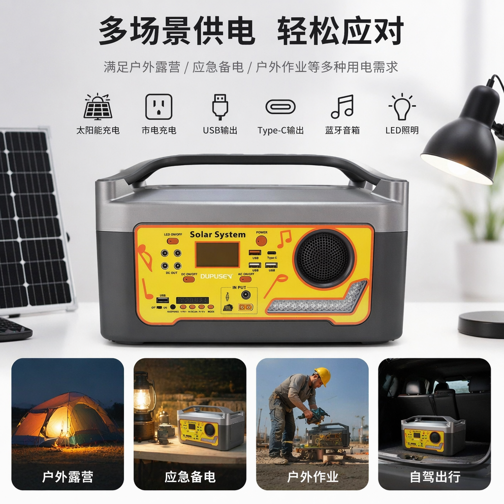 Portable solar power system with yellow panel and grey shell
